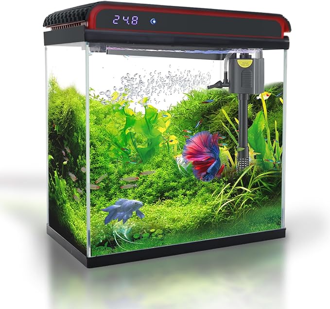 Glass 5 Gallon Fish Tank Aquarium - Smart Self-Cleaning Starter Kit with 3-Color LED Light, Ultra Quiet Pump & Filter, Temperature Monitoring for Betta Fish and Shrimp