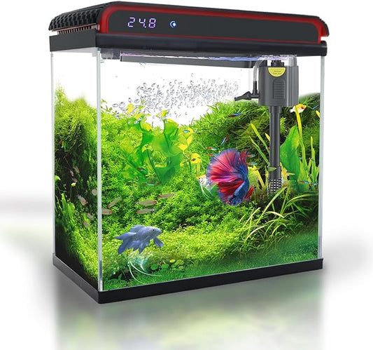 Glass 5 Gallon Fish Tank Aquarium - Smart Self-Cleaning Starter Kit with 3-Color LED Light, Ultra Quiet Pump & Filter, Temperature Monitoring for Betta Fish and Shrimp
