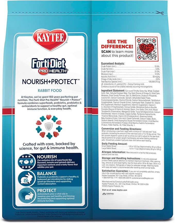 Kaytee Forti-Diet Pro Health Nourish+Protect Adult Rabbit Food, Comprehensive Nutrition Backed by Science, Digestive Health, Immune Support, 5 pounds
