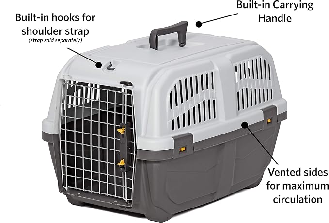Skudo by MidWest 24-Inch Travel Carrier, Gray, Fits Pets up to 25 lbs | Hard-Sided Pet Carrier, Travel Crate with Handle, Ventilated Design, Locking Tabs, Easy Assembly