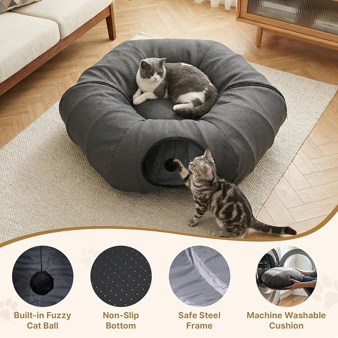 Cat Tunnel Bed for Indoor Cats, Cooling Natural Linen Cat Tunnel 29.5in | Breathable Kitten Toys Cat Tunnel with Washable Mat, Round Pet Tunnel for Kittens, Squirrels Dark Grey