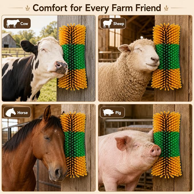 Bionic Curve Livestock Scratching Brush for Cattle, Cows, Goats, Horses and Pigs - Body-Contoured Farm Animal Scratcher Post, Heavy Duty Livestock Grooming Brush with 8 Screws, 2 Pack