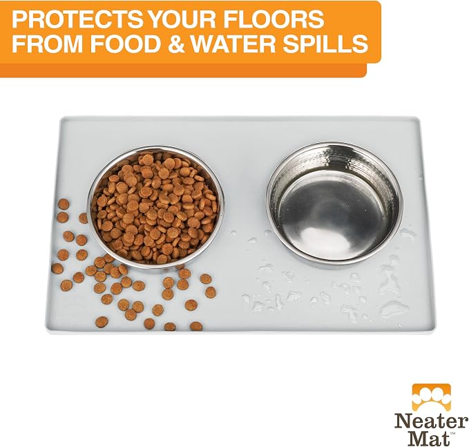 Neater Pet Brands Neater Mat Pet Mats for Food and Water, Cat & Dog Bowl Mat Waterproof Silicone, Feeding Tray, Dog Food Mats for Floors, Placemat w/Raised Edge for Under Bowls, 19” x 12”, Light Gray
