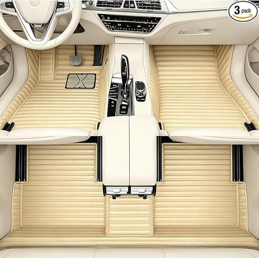 Custom Text + Image Car Mats, One-of-a-Kind Personalized Leather Floor Liners, All-Weather Full Set for Sedan SUV Truck Van(Beige)