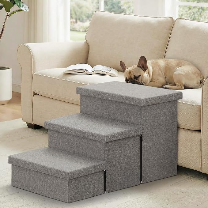 Zerbuger Dog Stairs with Storage, Grey 3 Steps Dog Ramp with Condo for Bed | 18" H Wider Dog Steps for High Beds Couch, Folding Storage Pet Stairs Gift for Climbing Small/Medium/Large Old Dogs Cats