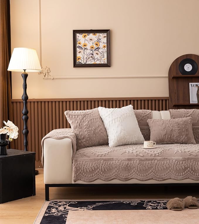 Fuzzy Rabbit Plush Sofa Cover Cozy Warm Sofa Couch Covers with 3D Jacquard Leaf Pattern Non-Slip Easy-to-Install Shaggy Sofa Slipcover Prefect for Kids Dogs Cats Cats(Cream Coffee,36"x70")