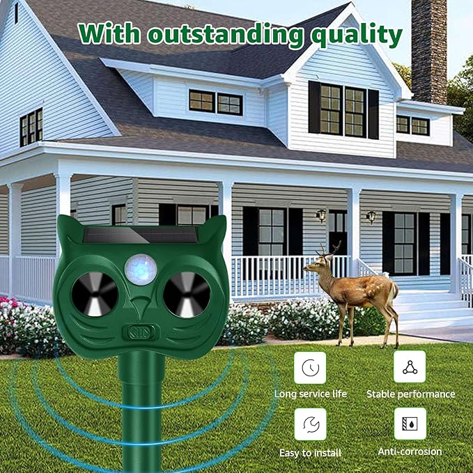 Solar Ultrasonic Animal Repellent Outdoor Motion Sensor Deer Repellent Devices Squirrel Cat Raccoon Deterrent with Strobe Light Dual Mode, Keep Skunk Away Protection for Yard Garden Lawn 1Pack