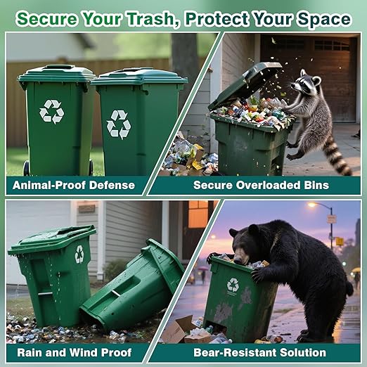 Trash Can Lock Straps 2 PCS, Adjustable Sturdy Outdoor Garbage Can Lid Lock Bungee Cords, Universal Waste Bin Security Straps for Dogs, Raccoons, Squirrels & Outdoor Critters