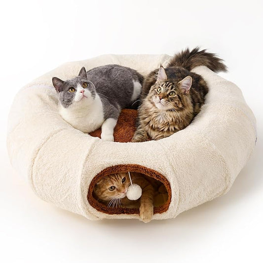 ZOMISIA Large Cat Tunnel Bed - Cute Donut Bed for Indoor Cats with Washable Circle Cushion, Round Pet Peekaboo Cave Toy for Multi Kitten/Puppy/Rabbit