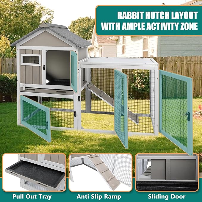48" L Rabbit Hutch Indoor and Outdoor 2-Story Rabbit Cage with Pull Out Tray,Fir Wood Pet House with Wooden Ramp,Waterproof Bunny Cage Indoor with 2 Asphalt Roofs,Grey
