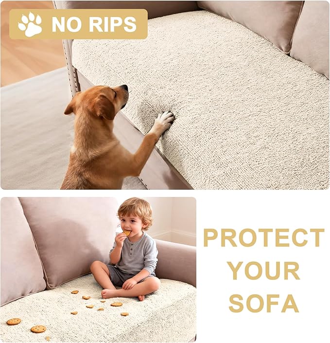 H.VERSAILTEX Non Slip Pet Couch Cover Chenille Dog Bed Protector Thick Soft Sofa Slipcover Pet Friendly Washable Couch Cushion Covers for Pets (52" x 82", Ivory)
