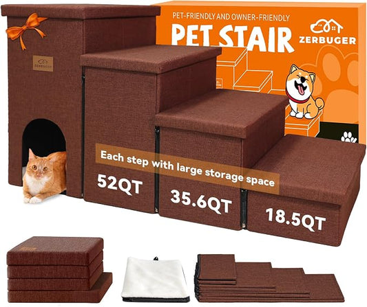 Zerbuger Dog Stairs with Storage, Brown 4 Steps Dog Ramp with Condo for Bed | 23" H Wider Dog Steps for High Beds Couch, Folding Storage Pet Stairs Gift for Climbing Small/Medium/Large Old Dogs Cats
