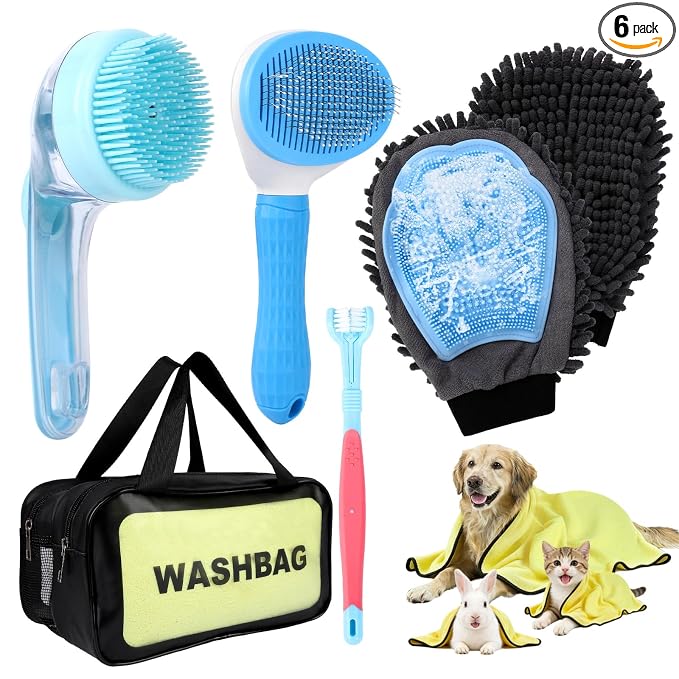 6 Pcs Dog Washing Kit: Bath Brush, Hair Brush, Washing Glove, Dog Towel | Dog Brush for Shedding, Toothbrush, Large Towel, and Dry-wet Separation Bag, Dog Bath Grooming Kit, Dog Bath Supplies