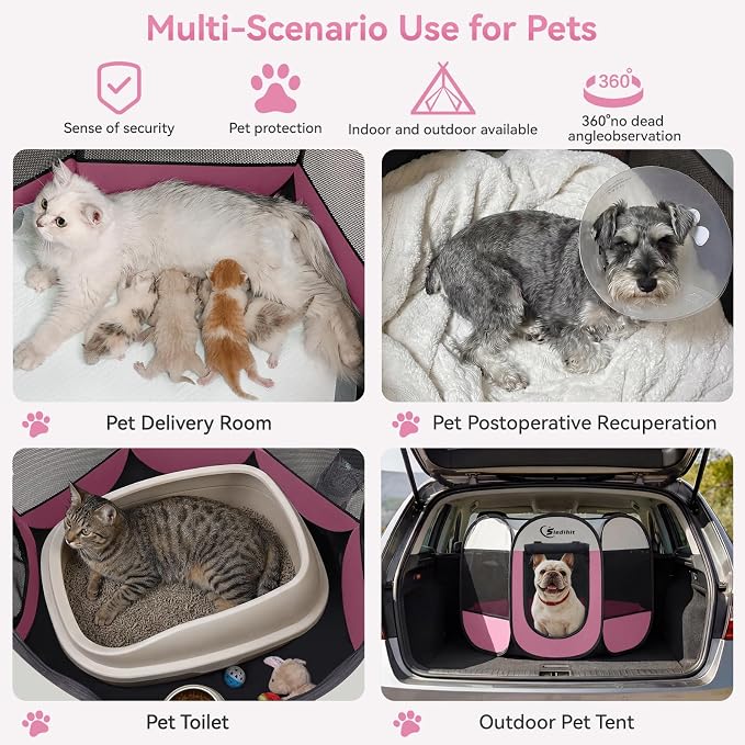 Sieidihit Dog Cat Pet Playpen Puppy Crate Cage Indoor Outdoor, Medium Pink | Nursing Rest Zone Recovering Pet Quarantine Room Portable Pop Up Easy to Set up lightweight Carrying Bag Wide applicability