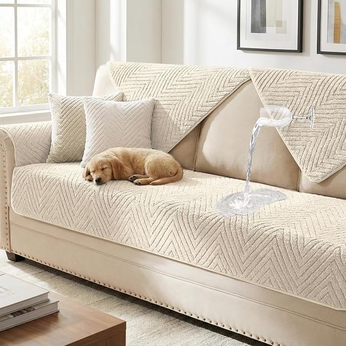 Turquoize Waterproof Couch Cover for Dogs Fuzzy Pet Couch Covers for Sofa Thick Dog Bed Cover Non-Slip Sofa Covers for 3 Cushion Couch Protector Slipcover Pet Friendly (Beige, 36" x 72")
