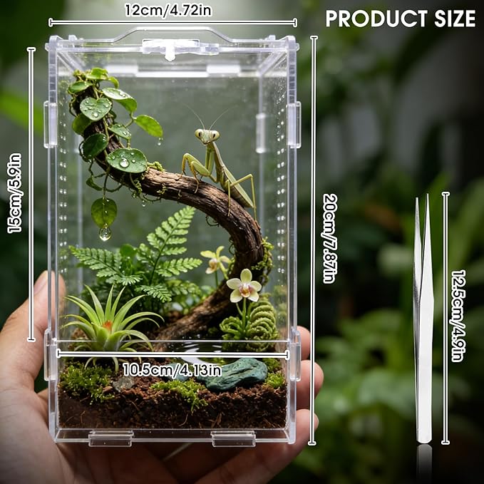 Jumping Spider Enclosure, Insect Terrarium, Bug Cage, Acrylic Terrarium for Tarantula, Snail, Praying Mantis, Frog, and Small Reptiles (4.7" x 4.3" x 7.8")