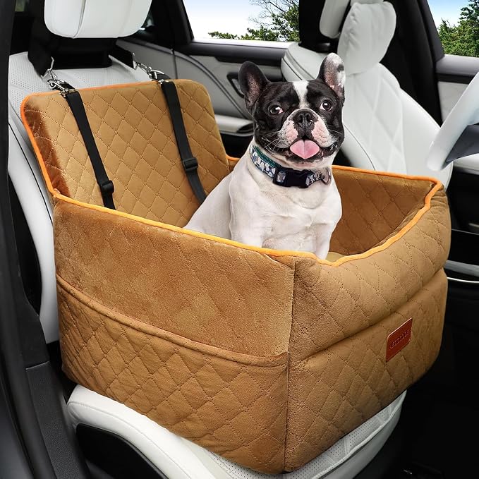 HEGGCOOE Dog Car Seat for Small Medium Dogs, Memory Foam Dog Booster Seats with Thick Cushion for Dogs Under 35lbs, Detachable Washable Pet Car Seat Travel Bed with Storage Pockets,2 Safety Belt