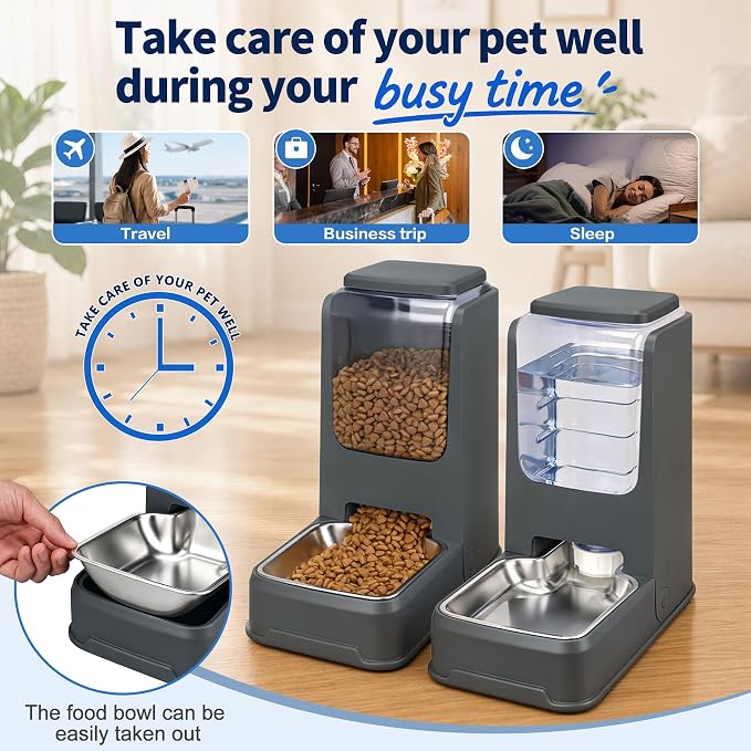 2 Pack Automatic Cat Feeder and Water Dispenser Set with Dog Stainless Steel Feed Bowl Pet Gravity Self Feeding and Waterer Large Capacity for Small Medium Large Dogs Puppy Kitten
