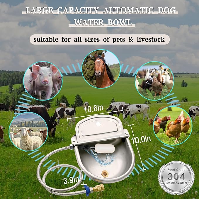 Automatic Dog Water Dispenser, Outdoor Chicken Waterer with Drain Valve, Easy Cleaning, Stainless Steel Auto Livestock Water Bowl with Float Valve, Self Drinking Trough for Horse (1 Gallon)