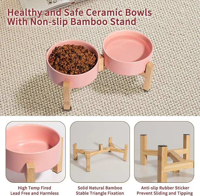 Elevated Ceramic Dog Bowl, 2 Cups Dog Food and Water Bowl Set with Stand | 5.1'' Double Dog Feeding Dishes, Non-Slip Raised Dog Feeder for Cats and Puppies, 16.23 OZ / 480 ML, White