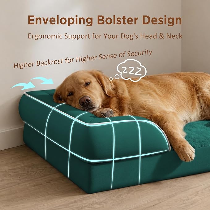 Comfort Expression Waterproof Orthopedic Dog Beds for Extra Large Dog | Supportive Egg Crate Foam Big Dog Bed with Removable Bolster, Dog Couch with Washable Cover & Non-Slip Bottom, 53x42Inch