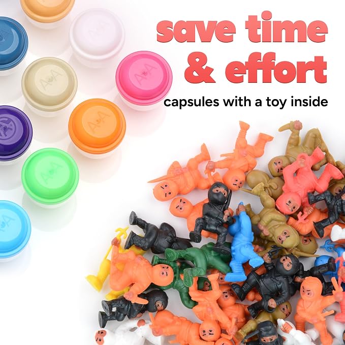 Vending Machine Capsules with Toys - 100 Pcs of 1.1 Inch Tiny Frosty Clear-Colored Acorn Capsules and Mini Ninja Warriors Figurines for Kids - Plastic Capsules for Toys Bulk - Easter Basket Stuffers
