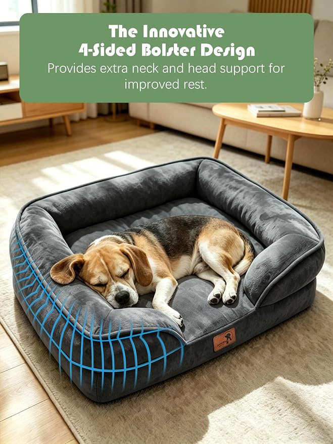Spotted Play Orthopedic Dog Bed with Sides - Sofa Beds for Medium Dogs, Supportive Foam Pet Couch Bed with Washable Removable Cover, Waterproof Lining and Non-Slip Bottom, Dark Grey - M