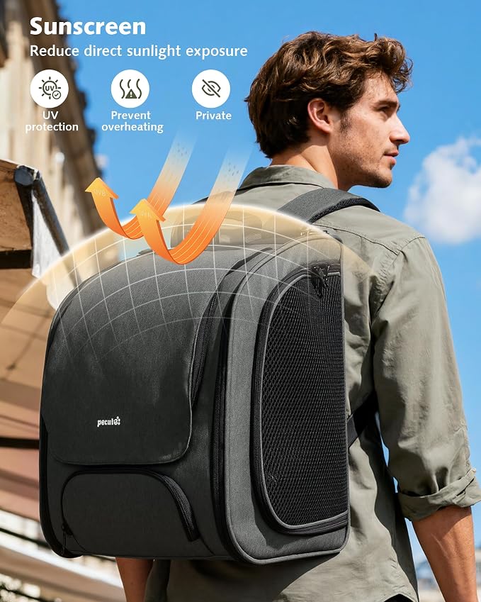 Pecute Cat Backpack Carrier,Large Space Cat Bubble Backpack,Ergonomic,Gray | Expandable,Sunshade Curtain,Transparent Window,Safety Rope,Sturdy,Large Mesh on Both Sides for Breathability,for Outdoor,Vet