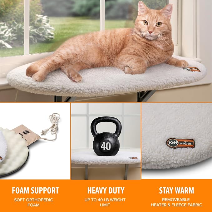 K&H Pet Products Kitty Sill Heated Cat Window Perch for Large Cats, Orthopedic Window Hammock Bed Holds 40LBS, Washable Cover, Kitty Windowsill Bed Seat for Indoors - Cream Fleece, Heated, 14 X 24in