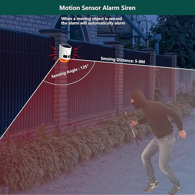 Solar Motion Sensor Alarm: 129dB Loud Dog Barking or Gunshot Sound for Deer, Raccoons - IP65 Security Siren with 4 Modes & USB Backup Power - Night & Day Strobe Light for Yards, Coops-1 Pack