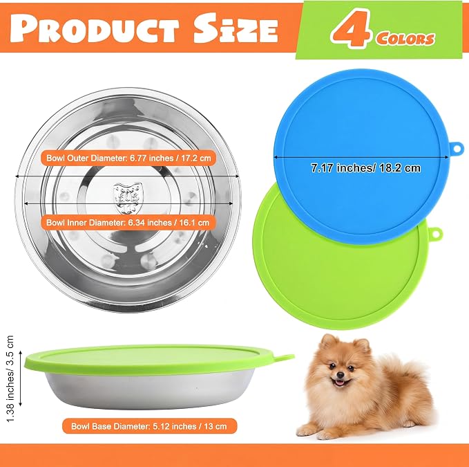 Patelai Stainless Steel Dog Bowls with Silicone Lids for 1.9 Cups Portable Food and Water Dishes for Pets Sealable Containers for 6.3" for Cats & Small Dogs(8 Pcs,Red,Blue,Green,Purple)