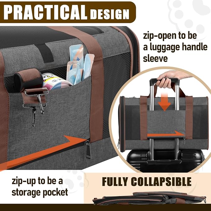 GAPZER Large Cat Carrier Soft, Collapsible Travel Pet Carry Bag, Small Dogs | Large Kitty Cat 20 lbs Maine Coon, Top Load Transport Small Puppy Dog Kennel, Yorkie Little Dog 10lbs, Ventilation Brown