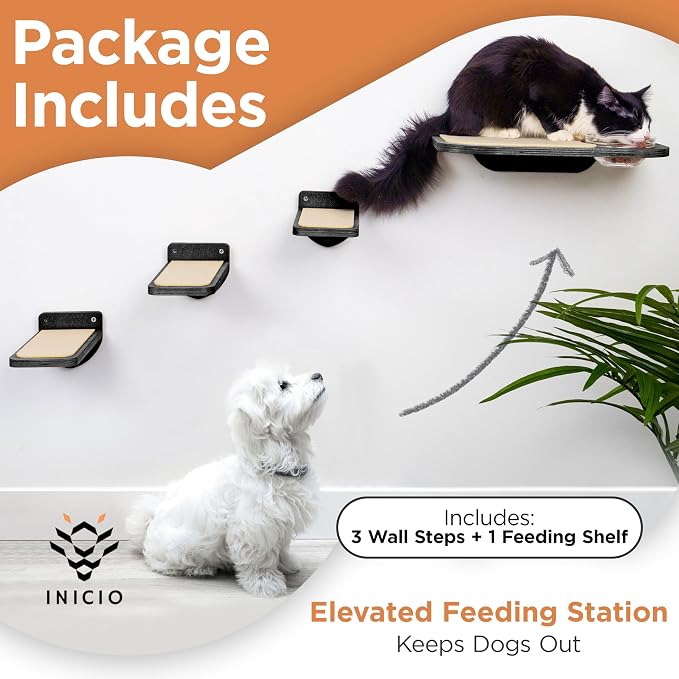 INICIO Cat Shelves - Feeding Shelf with 3 Cat Wall Steps - Natural Wood | Cat Wall Shelves with Wall Mounted Cat Food Bowls - Dog Proof Feeding Station and Convenient Feeder for Cats up to 15lbs