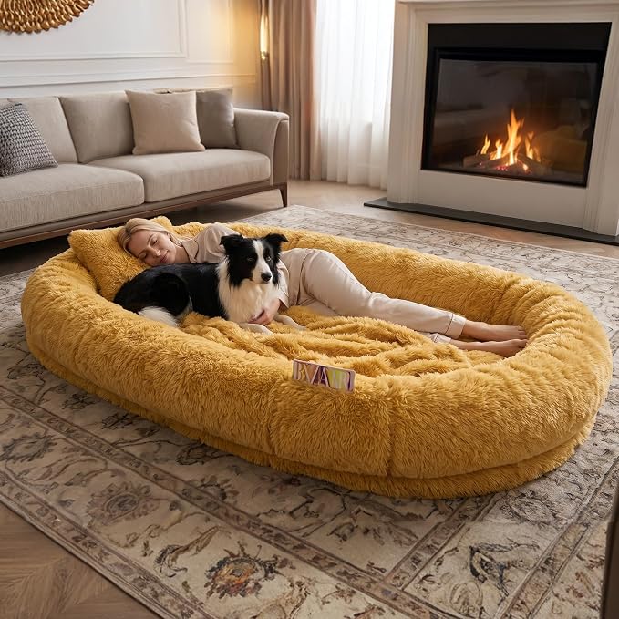 Human Dog Bed, Oversized Plush Lounger Bed with Plump Pillow and Blanket | 71" x 45" x 12" Long Plush Polyester Floor Nest for Relaxing, Napping, Reading, and Family Cuddle Time - Pumpkin Orange