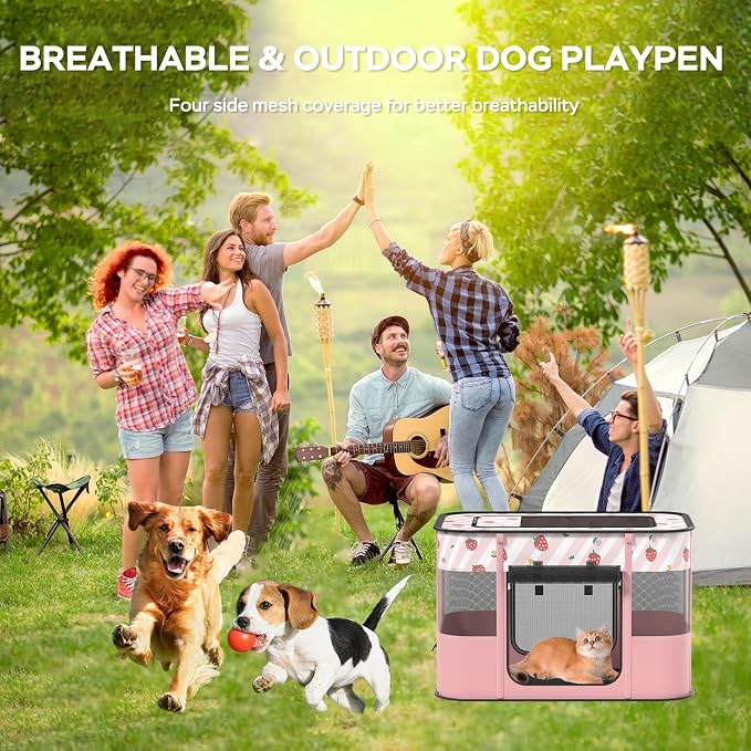 XRG Foldable Pet Playpen,Indoor Cat cage Puppy Crates M(31.5"x23.6"x21.7") | Portable Cat Kennel with Upgrade Breathable Mesh，Sturdy Kitten Playpen Indoor & Outdoor for Rabbit or Small Animals，Pink