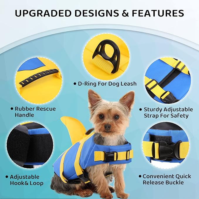 Dog Life Jacket, Adjustable Dog Life Vest, Pet Lifesaver for Swimming, Shark Life Jacket with Rescue Handle, Rip-Stop Safety Vest for Small Medium Large Dogs