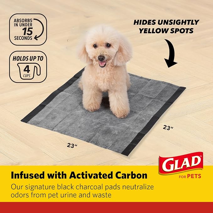 Glad for Pets Black Charcoal Puppy Pads, All-in-One | Puppy Potty Training Pads That ABSORB & NEUTRALIZE Urine Instantly | New & Improved Quality Puppy Pee Pads, 150 count - 2 Pack | Super-absorbent, disposable pads for potty training, crate training, ...