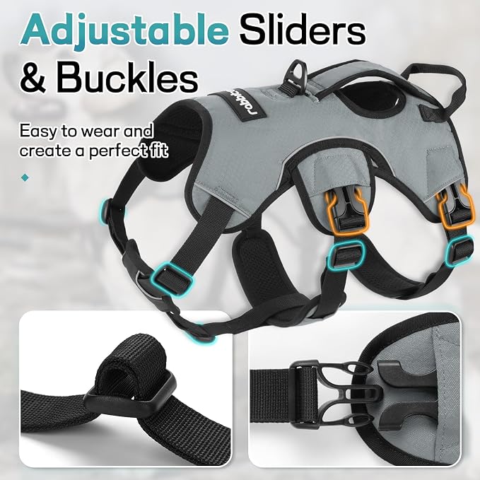 rabbitgoo Escape Proof Dog Harness for Large, No Pull with Lift Handle | No Escape, Full Soft Padded, Reflective Adjustable Vest, Leash Clip for Walking Hiking Training, Grey, Large