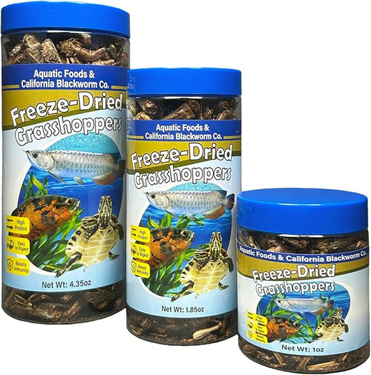 Aquatic Foods Inc. Grasshoppers, Freeze Dried Grasshoppers for Large Tropical Fish, Monster Fish, Reptiles, Turtles, Tortoises, Frogs, Hamsters, Birds, Rodents 1.0oz Canister