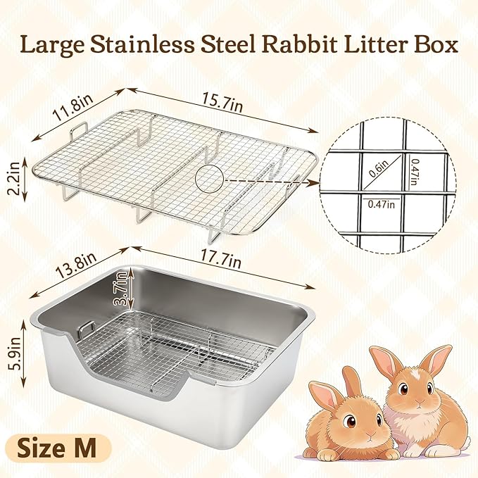 Rypet Large Rabbit Litter Box, Bunny Litter Box High Side with 304 Stainless Steel Sifting Tray, Metal Small Animal Litter Pan with Pet Food Bowl and Water Bottle, Non-Slip Easy to Clean Odor Control