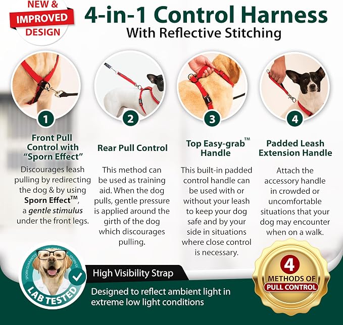SPORN Ultimate Control No Pull Dog Harness for Medium-Sized Dogs - 4-in-1 Adjustable Dog Harness with Front, Back & Dual-Clip Options & Emergency Grab Handle - Easy On/Off, Padded Comfort (Red, M)