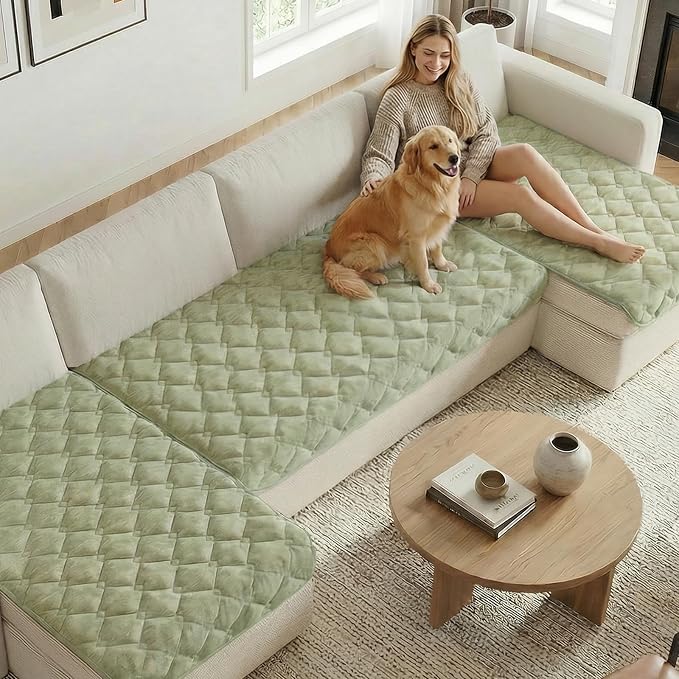 H.VERSAILTEX Chenille Couch Cover for Dogs Washable Soft Fuzzy Love Seat Cover Sectional Sofa Cover Thick Pet Couch Cover Protector Non-Slip Dog Bed Cover(Tender Green, 28" x 67")