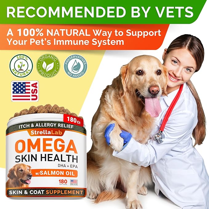 StrellaLab Omega 3 for Dogs - (180Ct) Fish Oil Treats - Allergy & Itch Relief Skin & Coat Supplement - Dry Itchy Skin, Anti Shedding & Hot Spots Treatment - Pet Salmon Oil Chews - Salmon Flavor