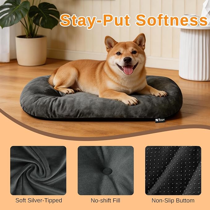 Washable Oval Medium Dog Bed, Silver-Tipped High-Resilience, Dark Gray | Non-Slip Bottom Prevents Sliding, Soft Plush Short Fur, Machine Washable, Ideal for Crates/Apartments/Cozy Nooks,29"x18"x2.8"