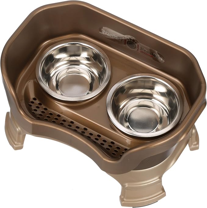 Neater Feeder Deluxe Mess-Proof Elevated Dog Bowls for Small Dogs (Up to 19 lbs), 2 Height Adjustable (6” & 7.5”) No-Spill Raised Dog Bowl Stand, Stainless Steel Food Bowl Set, Made in USA, Bronze