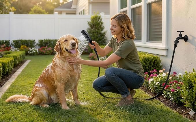 G-Promise 3 Mode Dog Shower Attachment with Pause Mode | High Pressure, Built-In Brush for Wash & Groom, Extra Long Hose, Easy Install, for Indoor & Outdoor Use