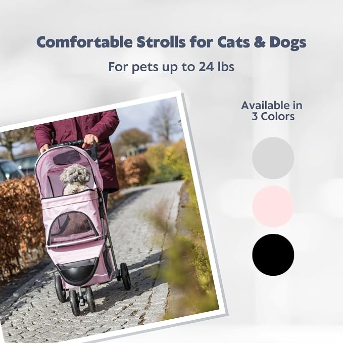Trixie Foldable Pet Stroller for Cats and Dogs, Pet Carrier Strolling Cart with Weather Cover, Storage Basket, Cup Holder, Pink