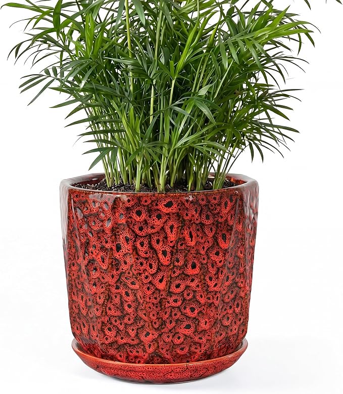 7.8 Inch Ceramic Plant Pot with Drainage Hole Mesh Net, Large Flower Pots for Indoor Plants with Saucer, Gardening Pots Outdoor (Red)