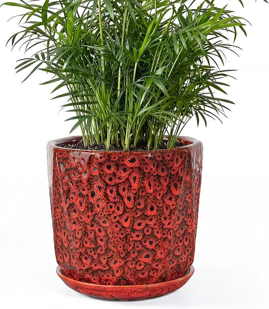 7.8 Inch Ceramic Plant Pot with Drainage Hole Mesh Net, Large Flower Pots for Indoor Plants with Saucer, Gardening Pots Outdoor (Red)