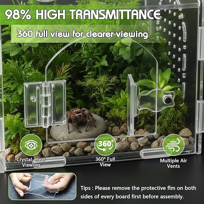 Acrylic Jumping Spider Enclosure (5.9" x 4.7" x 5.5") - Magnetic Door & Handle Terrarium for Tarantulas, Reptiles, Amphibians & Insects - All-Round Transparent, Easy Assembly & Feeding